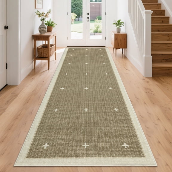 GlowSol Yellow Brown Runner Rug 2x6, Washable Indoor Carpet, Non-Slip Faux Wool Hallway Runner, Modern Entryway Rug for Bedroom Living Room