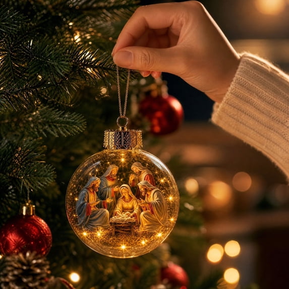 Glowing 3D Nativity Scene Christmas Ball Ornament with Internal Led Lights, 1-Pack, Clear Glass with Gold Cap, for Christmas Tree Decorations, Hanging Decoration