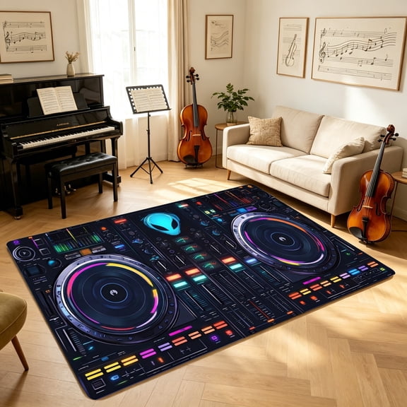 Glowing Alien DJ Mixer Vibrant Floor Mat, Kitchen Living Room Bedroom Decor, Holiday Gift for Electronic Music Enthusiasts