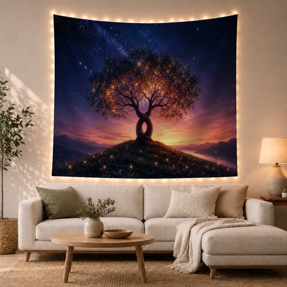 Glowing Ancient Tree with Starry Twilight Sky and Mountains Serene Fantasy for Nature Lovers Magical Forest Wall Art Christmas Gift Tapestry Wall Hanging for Bedroom and Living Room