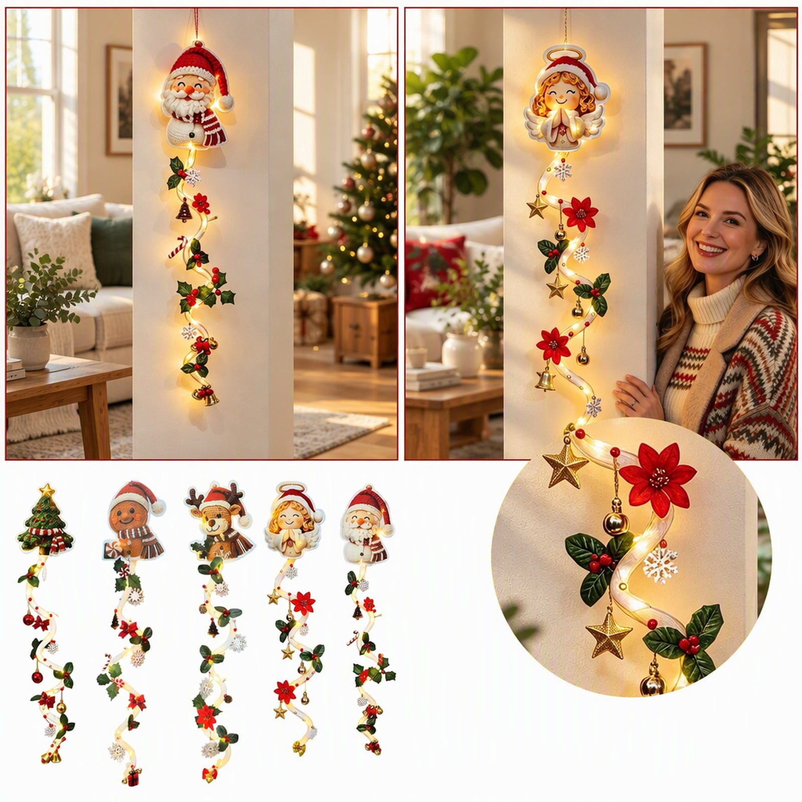 Vine Display Glowing Angel Christmas Decoration with Red Poinsettia Vine, Indoor ...