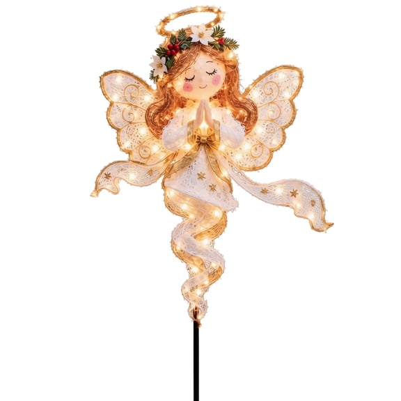 Glowing Angel Christmas Tree Topper, Warm White LED Gold White Wire Mesh, Outdoor Christmas Yard Decor for Front Yard Garden