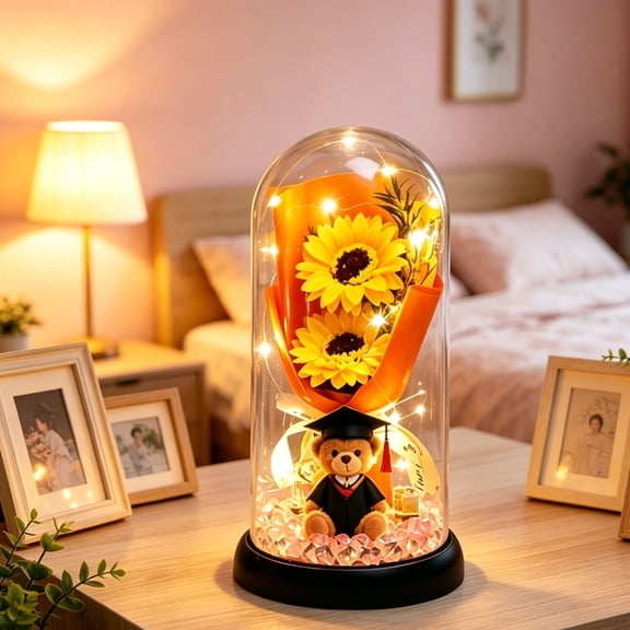 Glowing Artificial Flower Night Light Graduation Gift USB Rechargeable Silk Flower Mood Lamp with Frosted Glass Shade Soft LED Bedside Table Decor for Bedroom Desk