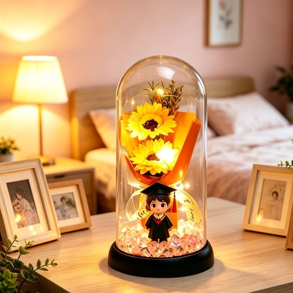 Glowing Artificial Flower Night Light, Rvkxad Dreamy Graduation Gift Night Light, USB Rechargeable Silk Flower Lamp with Frosted Glass Shade, Auto-Sensing Soft LED Night Light for Bedroom Desk Decor