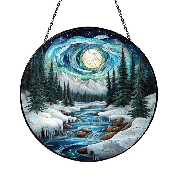 Glowing Aurora Forest Stained Glass Window Decor, Mystical Nature Art Gift