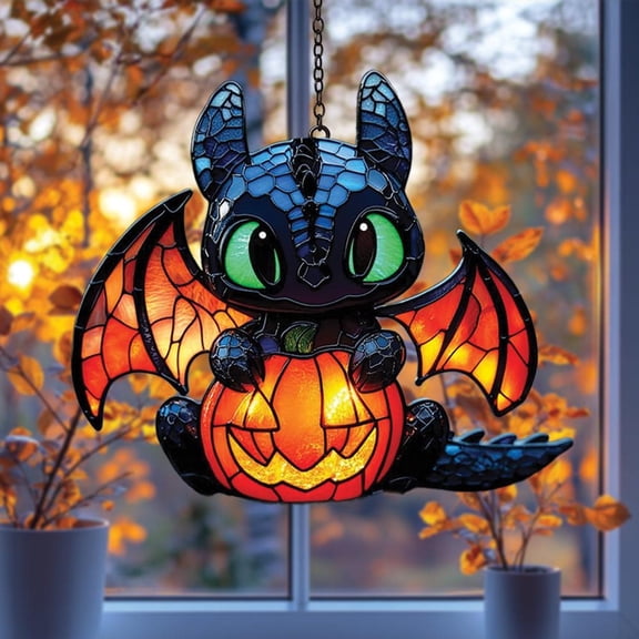 Glowing Baby Dragon On Jack O'Lantern Pumpkin Acrylic Window Hanging Faux Stained Glass Halloween Suncatcher With Bat Wing Glitter Eyes