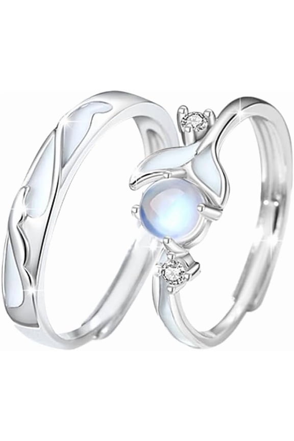Glowing Band Moonstone Silver Couple Matching Promise Rings for Couples, Women, Men, Him, Her Set of 2 - Adjustable, Gift Wrap