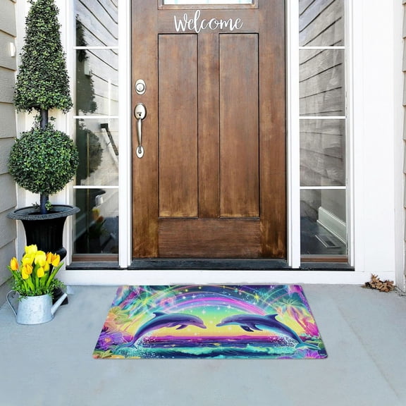 Glowing Beach Dolphin Jumping Flowers Doormats Welcome Mats Gate Pads Entryway Outdoor 32" x 20"