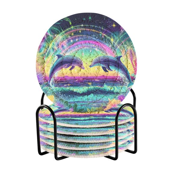 Glowing Beach Dolphin Jumping Flowers Drinking Coasters Cup Mat with Holder for Kitchen Cafe Bar 6 Packs