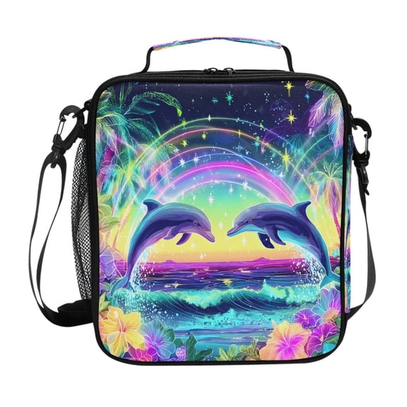 Glowing Beach Dolphin Jumping Flowers Insulated Lunch Bag Reusable Lunch Box Lunch Container with Straps