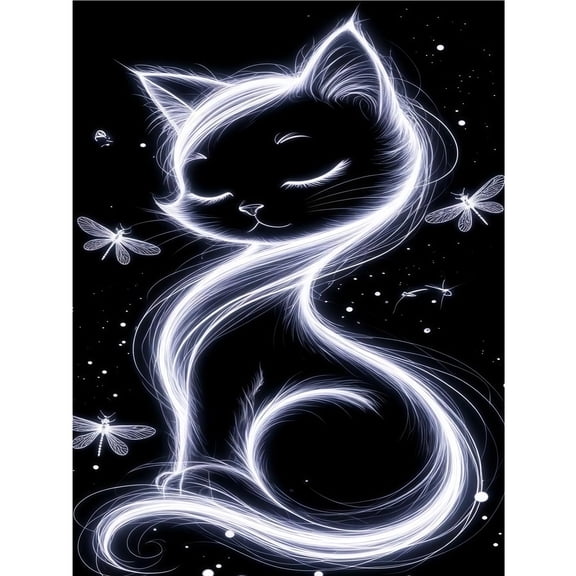Glowing Black Cat Dragonfly 5D Diamond Painting Kit, Full Drill DIY Diamond Art for Adults Beginners, Luminous Cat Rhinestone Embroidery, Home Wall Decor & Gift for Cat Lovers