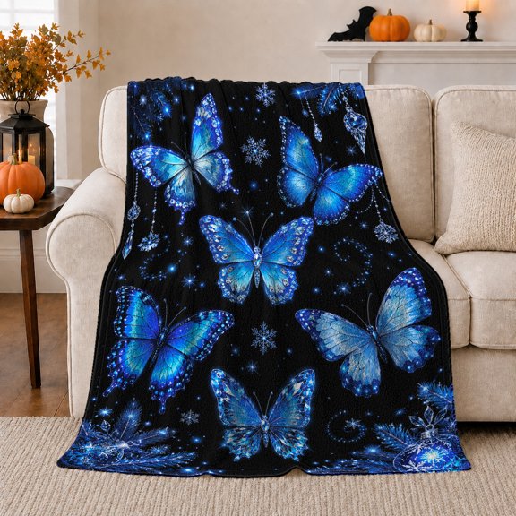 Glowing Blue Butterflies Snowflakes Black Mystical, Festive Holiday Scene, Warm Flannel Blanket for Living Room and Bedroom, Art Lovers Thanksgiving Gift, Fantasy Home Decor