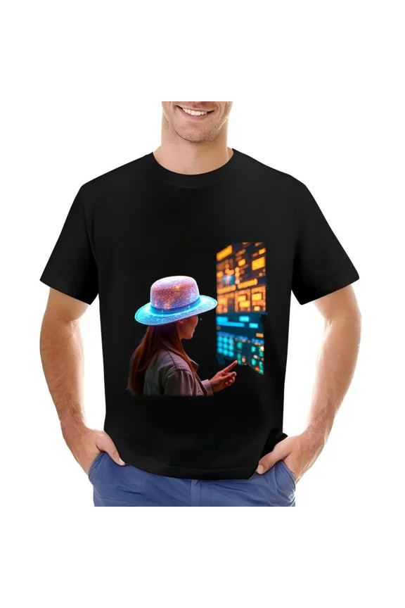 Glowing Blue Hat Sci Fi Artwork Tee Futuristic Tech Inspired Design Unisex T-Shirt up to size 5XL