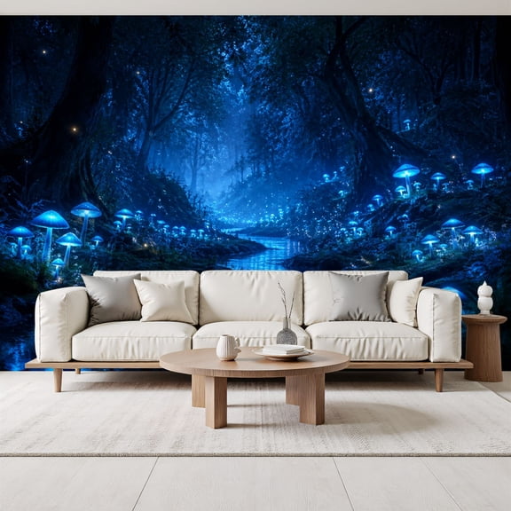 Glowing Blue Mushrooms Magical Forest Serene Stream Night Peel and Stick Wall Murals 69"H x 96"W Removable PVC Wallpaper Self-Adhesive Wall Paintings for Bedroom Living Room