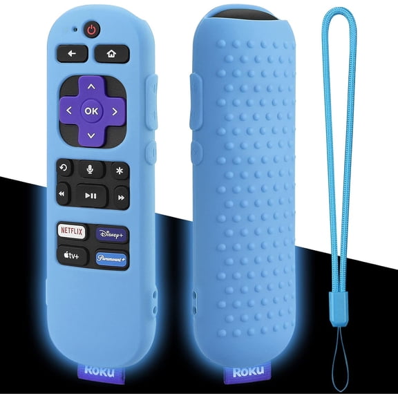 Glowing Blue Remote Cover Replacement for Roku Voice Remote (Official) Control RCA1R, RC-GZ1- Anti-Slip Silicone Case with Lanyard, Glow in The Dark