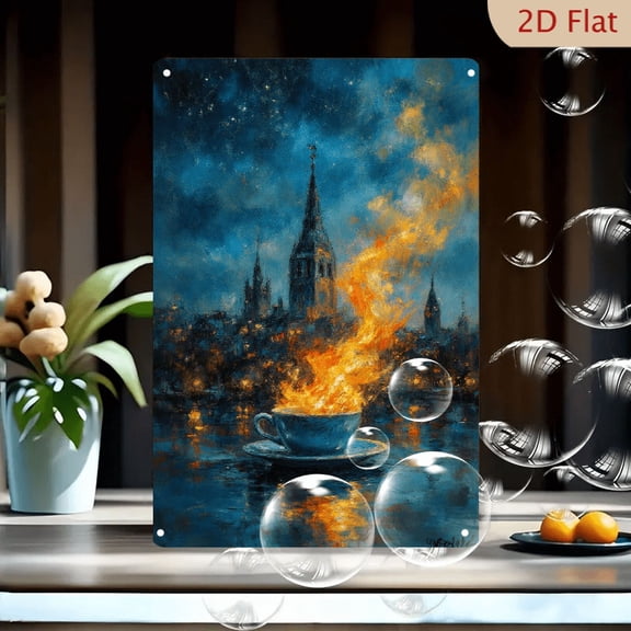Glowing Blue Teacup with Flames on Dark Water, Gothic Cityscape Starry Night Sky, 8x12 Inches Metal Wall Art Canvas Print for Living Room Bedroom Decor