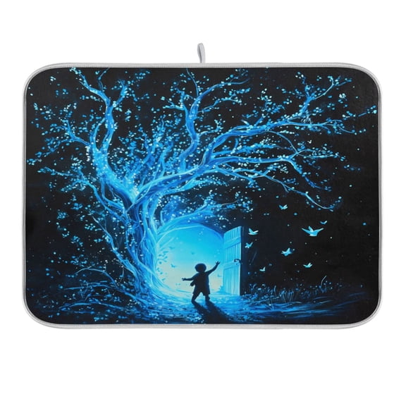 Glowing Blue Tree and Door Dish Drying Mat 16x18 Absorbent Microfiber Draining Rack Pad for Kitchen Counter Sink