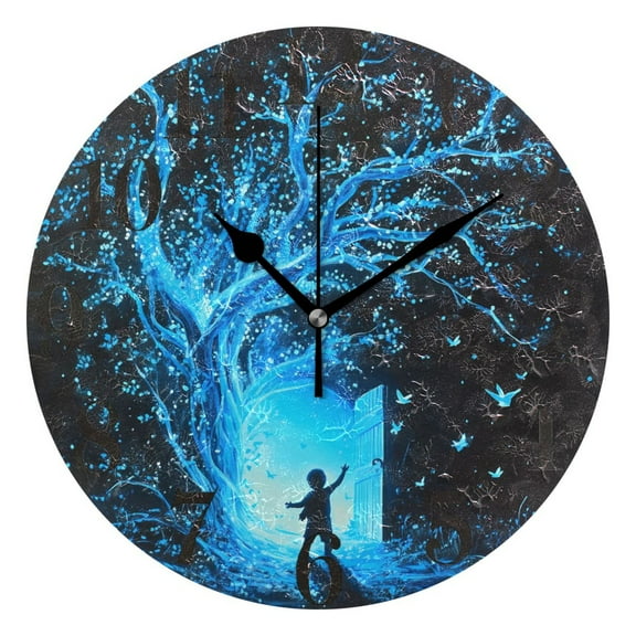 Glowing Blue Tree and Door Round Wall Clock Battery Operated Silent Non-Ticking Bedroom Office Kitchen Home School Decor 10"(Black)
