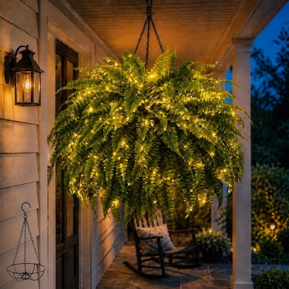 Glowing Boston Ferns with Lights, Oversized Pre-Lit Artificial Boston Ferns - 88 Leaves, No Watering, No Fading, for Porch, Patio, Home and Garden Decor