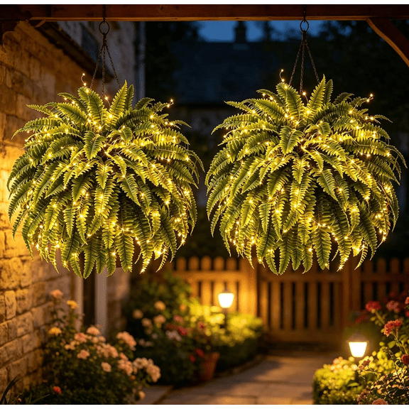 Glowing Boston Ferns with Lights, Oversized Pre-Lit Artificial Boston Ferns,Zero Watering, Zero Maintenance, Fake Ferns Artificial Bush Plants for Outdoors, Large Artificial Boston Ferns(2Pcs)
