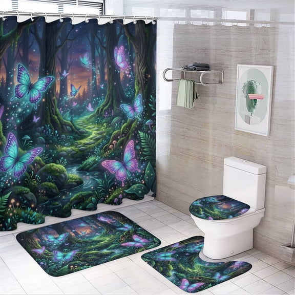 Glowing Butterfly Enchanted Fantasy Forest Art 4 Pcs Bathroom Shower Curtain Set with Coral Fleece Non Slip Mats, 72"x72" Waterproof Oxford Shower Curtain & 12 C Hooks