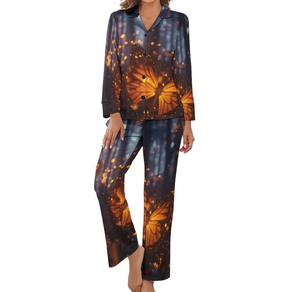 Glowing Butterfly Forest Women's Long Sleeve Flannel Pajama Set Sleepwear S