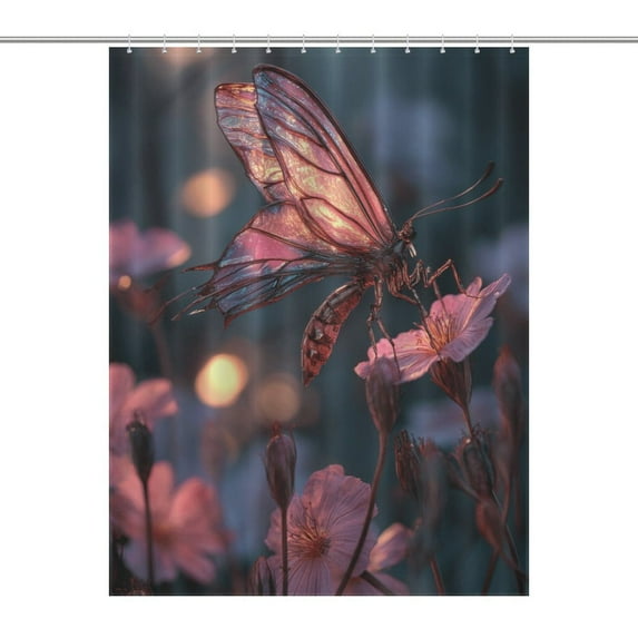 Glowing Butterfly Lands on Pink Flowers Shower Curtain for Bathroom Bath Curtain Polyester Fabric Waterproof Bathroom Curtain with 12 Hooks