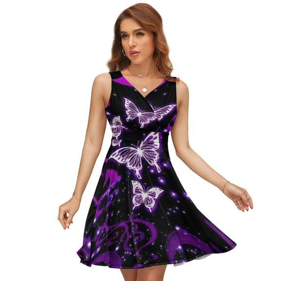 Glowing Butterfly Purple Background Sleeveless Dress Women Summer Evening Dresses Ladies Sundress