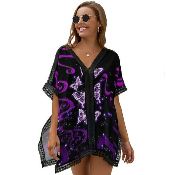 Glowing Butterfly Purple Background Women's Swimsuit Coverup Summer Beach Cover Up Bathing Suit Dress