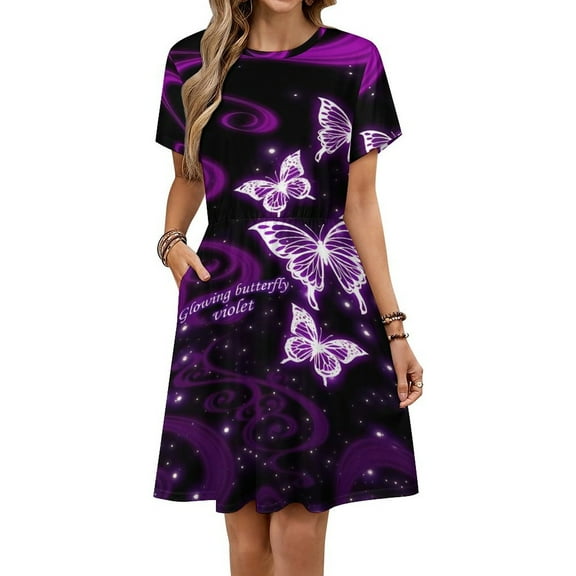 Glowing Butterfly Violet Sundress Short Sleeve Dress Summer Women Clothes Dress for Women Dresses