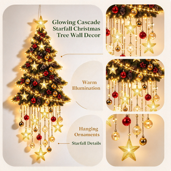 Glowing Cascade Starfall Christmas Tree Wall Decor, Glowing Star Top Waterfall Lights for Windows, Walls, Porch and Garden