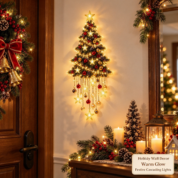 Glowing Cascade Starfall Christmas Tree Wall Decor, Star Shower Cascade Lights for Yard, Wall, Window and Patio