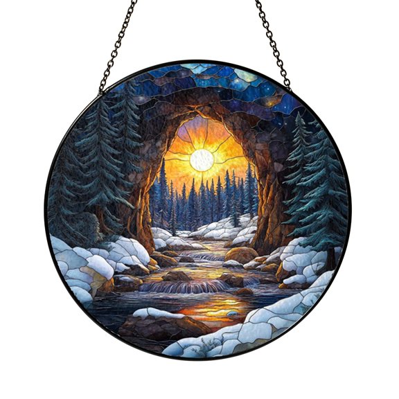 Glowing Cave River Scene Stained Glass Style Window Hanging Suncatcher, Mystical Forest Adventure Home Decor Gift