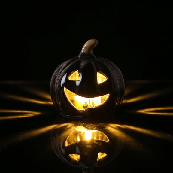 Glowing Ceramic Light Up Jack O Lantern, Hollow Carved Pumpkin with LED Tea Light, Cute Halloween Decorations for Tabletop Mantel Shelf Display