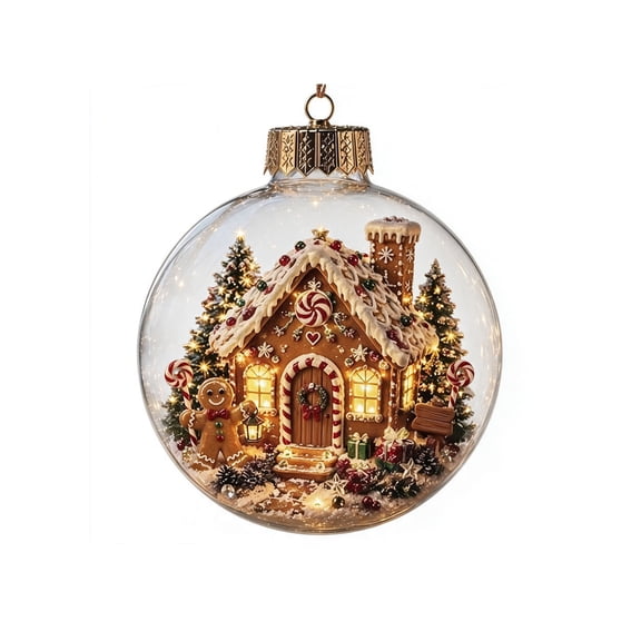 Glowing Christmas Decor Ball, Gingerbread House and Candy Scene in Clear Sphere with Warm Lights, for Tree Hanging and Wreath Decor