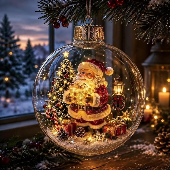 Glowing Christmas Diorama Ornament Light-Up Holiday Scene with Warm LED, Clear Acrylic Hanging Decor for Tree, 8 Designs