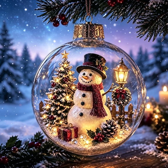 Glowing Christmas Diorama Ornament Light-Up Holiday Scene with Warm LED, Clear Acrylic Hanging Decor for Tree