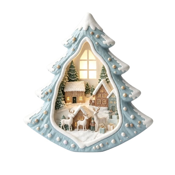 Glowing Christmas Diorama Ornament with Snowy Village and Reindeer Scene, Light Blue and White Resin, for Indoor Tabletop Display, Christmas Decoration