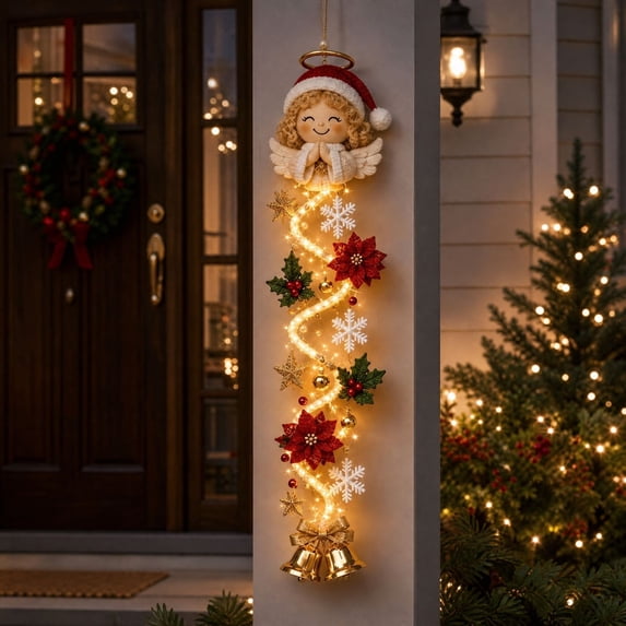 Glowing Christmas Door Hanger – 47" Lighted Angel with Warm LED Lights, Cozy Holiday Wall Decor for Front Door, Side Entryway & Porch, 1Pc