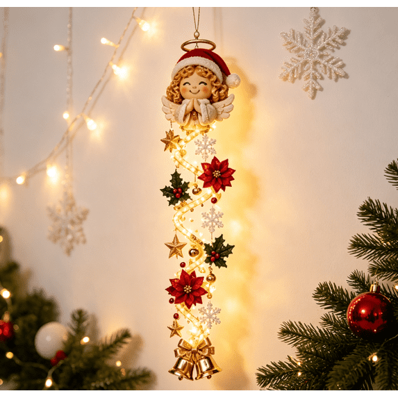 Glowing Christmas Door Hanger,Christmas Angel Lighted Vertical Door Hanger, Handcrafted Festive Wall Ornament with Fairy Lights, Poinsettia and Holly, Winter Home Decor