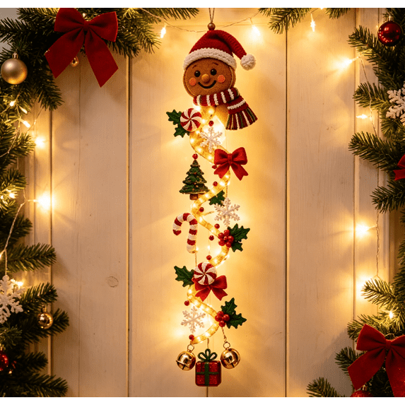 Glowing Christmas Door Hanger,Christmas Gingerbread Man Lighted Vertical Door Hanger, Handmade Festive Wall Ornament with Fairy Lights, Candy Ornament and Gift, Winter Decor
