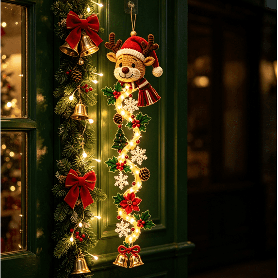 Glowing Christmas Door Hanger,Christmas Reindeer Lighted Vertical Door Hanger, Handmade Festive Wall Ornament with Fairy Lights, Pine Cone and Holly, Winter Mantel Decor