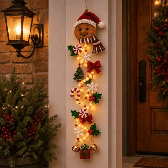 Glowing Christmas Door Hanger with Gingerbread, Warm Light Christmas Hanging Decoration with Snowflakes, Holly and Seasonal Accents for Doorway, Porch and Entryway, 1Pc
