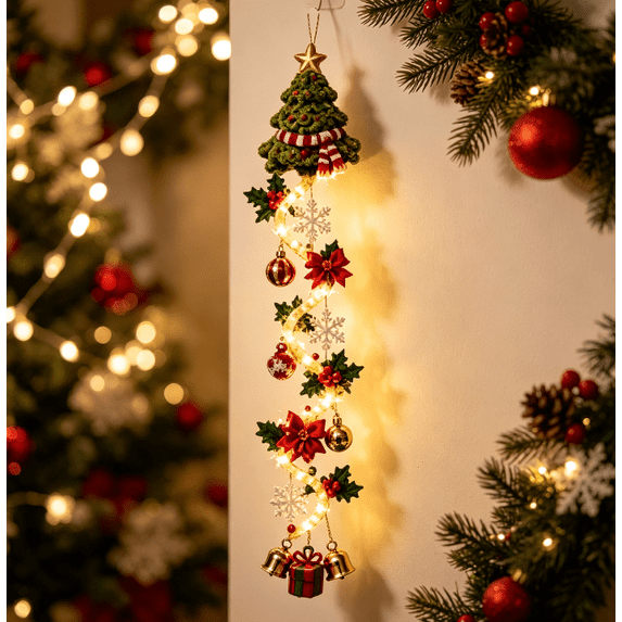 Glowing Christmas Door Hanger,LED Light Up Christmas Tree Ornament, Spiral Cascading Hanging Decor for Front Door, Window, Fireplace, Christmas Holiday Party Decoration