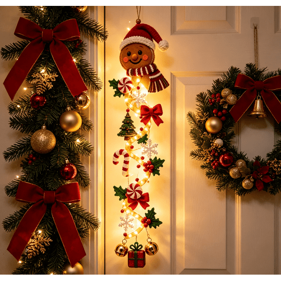 Glowing Christmas Door Hanger,LED Light Up Gingerbread Man Christmas Ornament, Spiral Cascading Hanging Decor for Front Door, Mantel, Window, Christmas Party Supplies