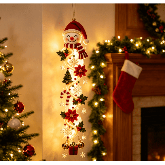 Glowing Christmas Door Hanger,LED Light Up Snowman Christmas Ornament, Spiral Cascading Hanging Decor for Front Door, Window, Fireplace, Christmas Party Supplies