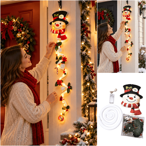 Glowing Christmas Door Hanger Light Decoration Snowman With Black Hat Christmas Wall Hanging Light Decoration Festive Hanging Decor For Wall Fireplace And Porch,47.24Inch