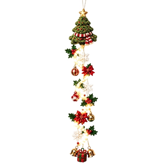 Glowing Christmas Door Hanger, Lighted Christmas Door Hanger, Rustic Quilted Fabric Wreath, Merrycascade Light-Up Christmas Decoration, Vertical Display