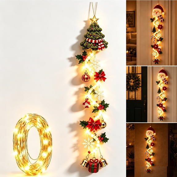 Glowing Christmas Door Hanger, Lighted Christmas Door Hanging Decor with Warm Lights, Christmas Decoration for Front Door, Porch & Entryway, D