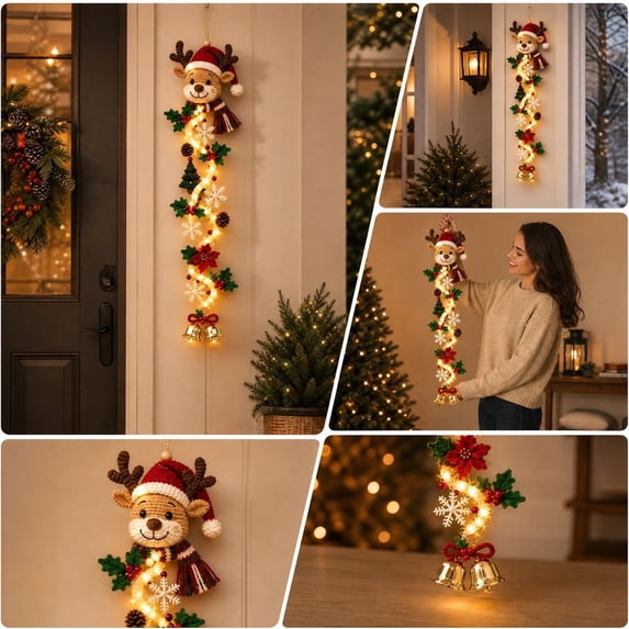 Glowing Christmas Door Hanger, Rustic Quilted Fabric Wreath, Christmas Decorations, Snowman Santa Reindeer Lights, Snowflake Window Ornament, Indoor Outdoor Mantle Decor
